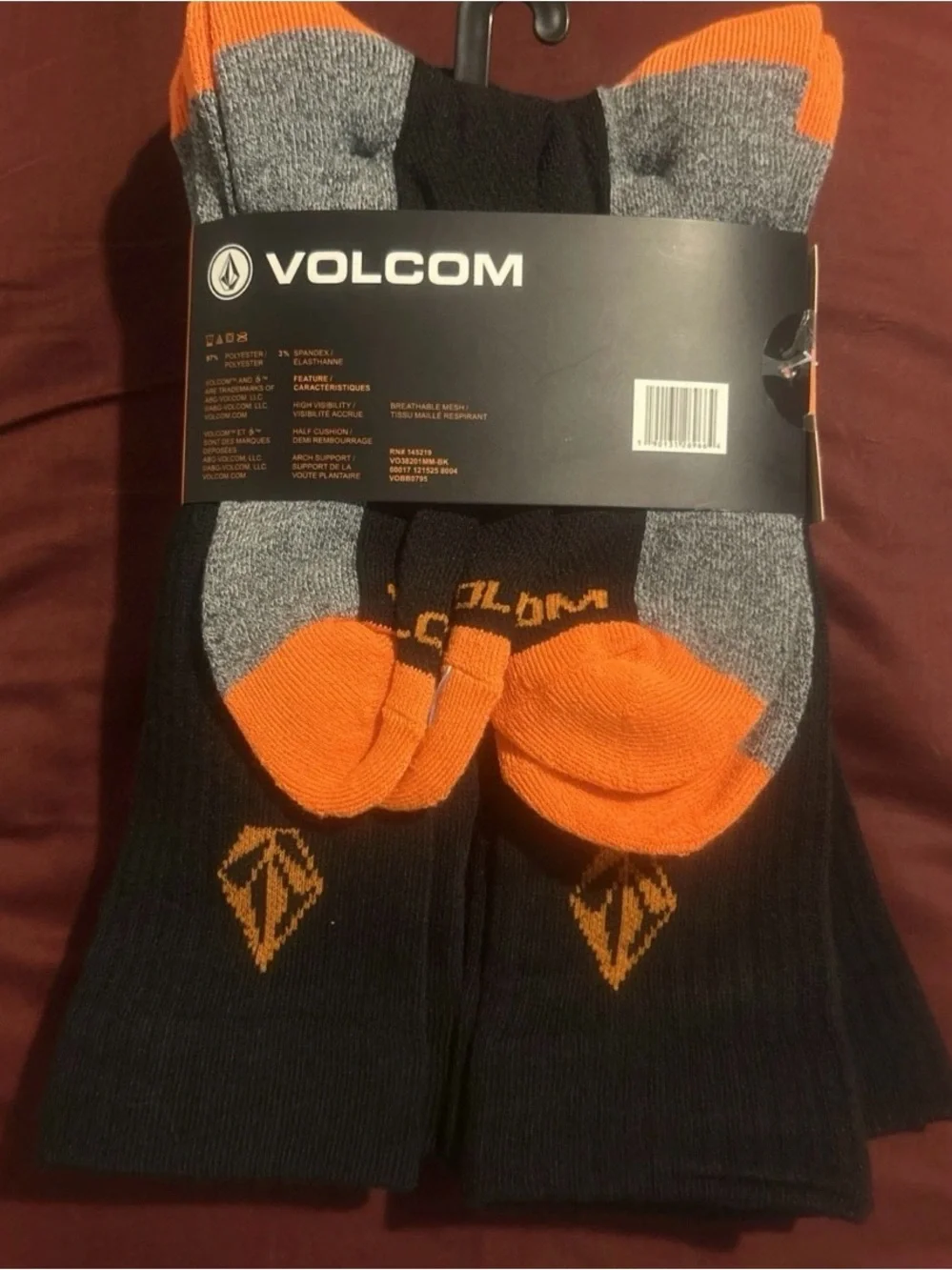 Volcom Men’s Black and Orange Workwear Crew Socks sk8ter - 6 Pack